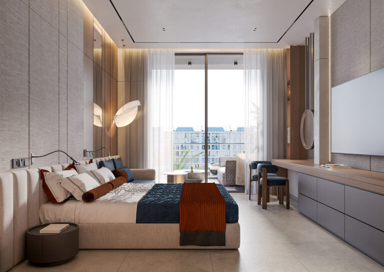 Wyndham Residences Al Marjan Island bedroom with long windows and view